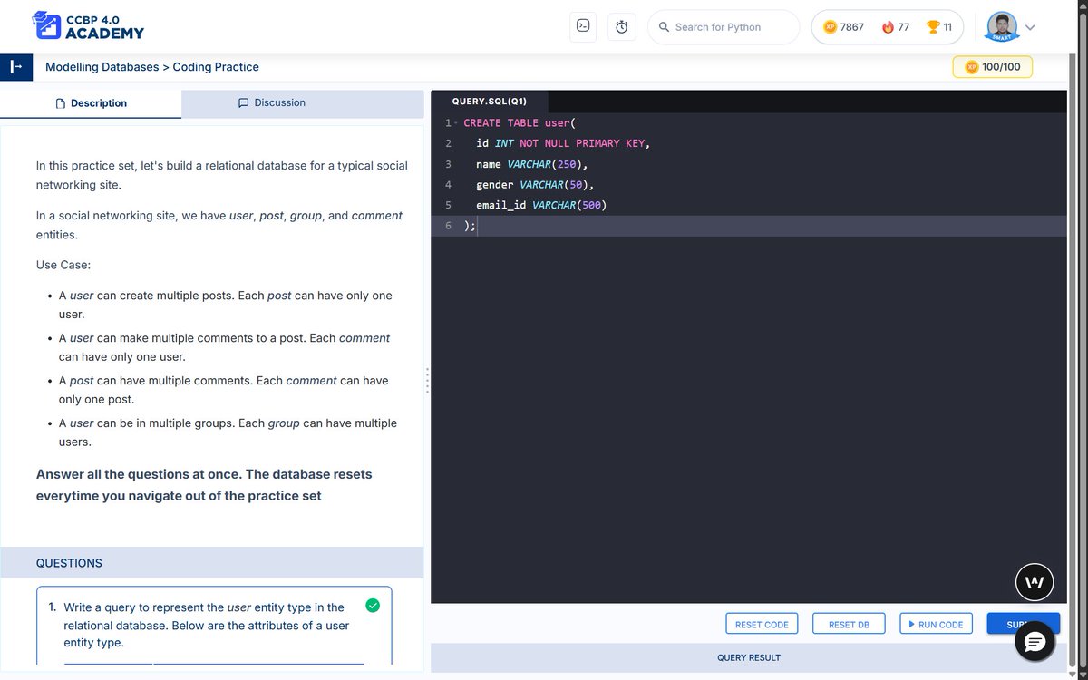 shaswatswain53's tweet image. Day 34 of #100DaysOfCoding at NxtWave CCBP 4.0
Did some hands-on coding practice on Databases today, focusing on converting ER models into database tables. All tests passed successfully! Learning by doing is truly effective. 💻📊 #DatabaseDesign #ERModel #NxtWave #CodingJourney