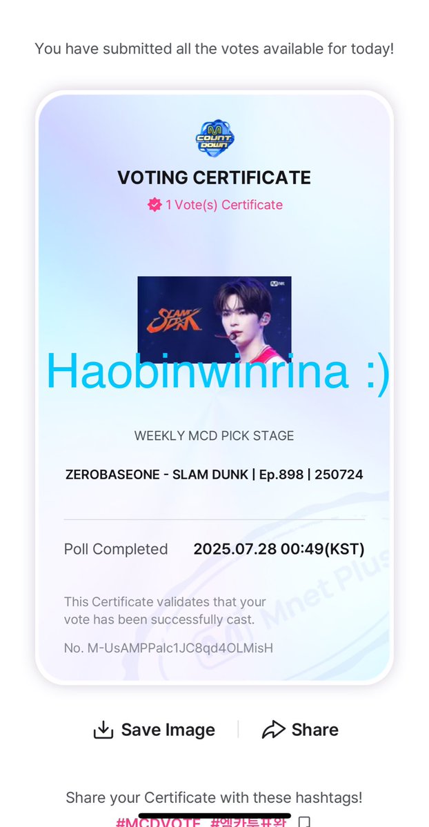haobinwinrina's tweet image. #ZeroseVoted #MCDVOTE #엠카투표완