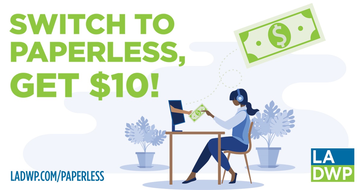 LADWP's tweet image. Switch to paperless billing and receive a one time $10 bill credit. ladwp.com/paperless
