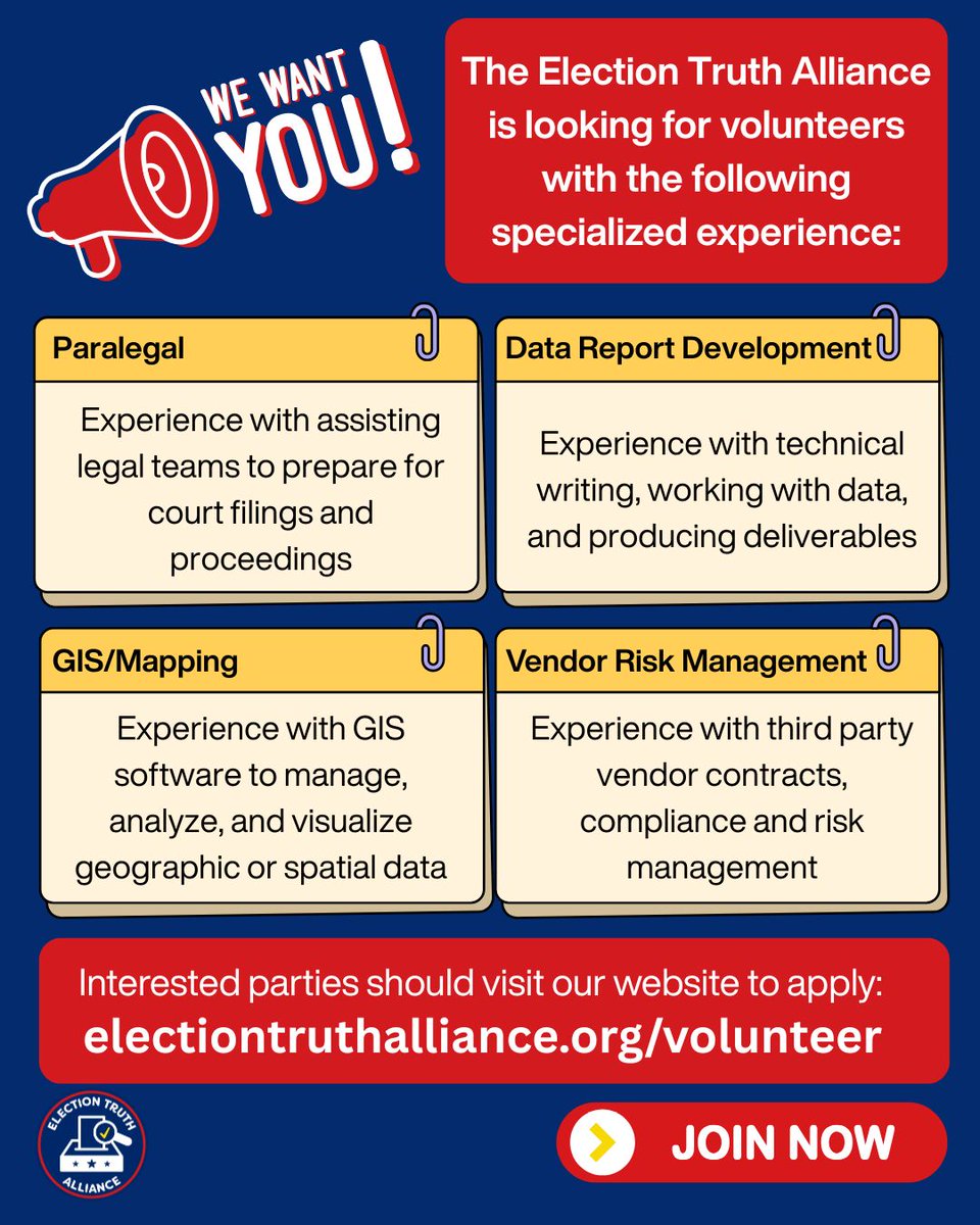 The ETA is growing! We're looking for volunteers with specific skills to join our team.

Do you have expertise in one of the following?

1️⃣⚖️ Paralegal
2️⃣📊 Data Reporting
3️⃣🗺️ GIS/Mapping
4️⃣🔍 Vendor Risk Management