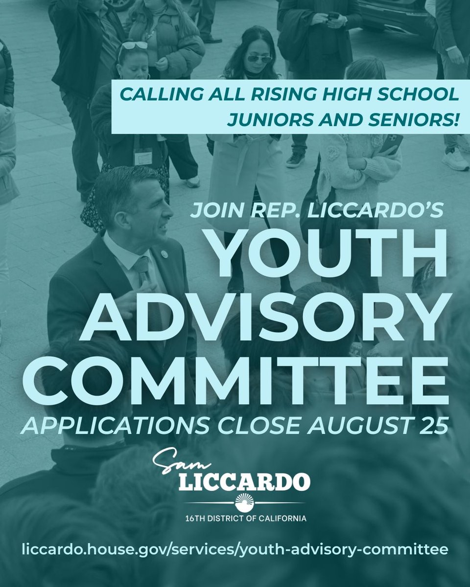 RepLiccardo's tweet image. High school juniors and seniors—your voice matters. I’m launching a Youth Advisory Committee to empower students who care about our community, want to shape policy, and are ready to get involved. I want to hear from you. 

Apply today: liccardo.house.gov/services/youth…