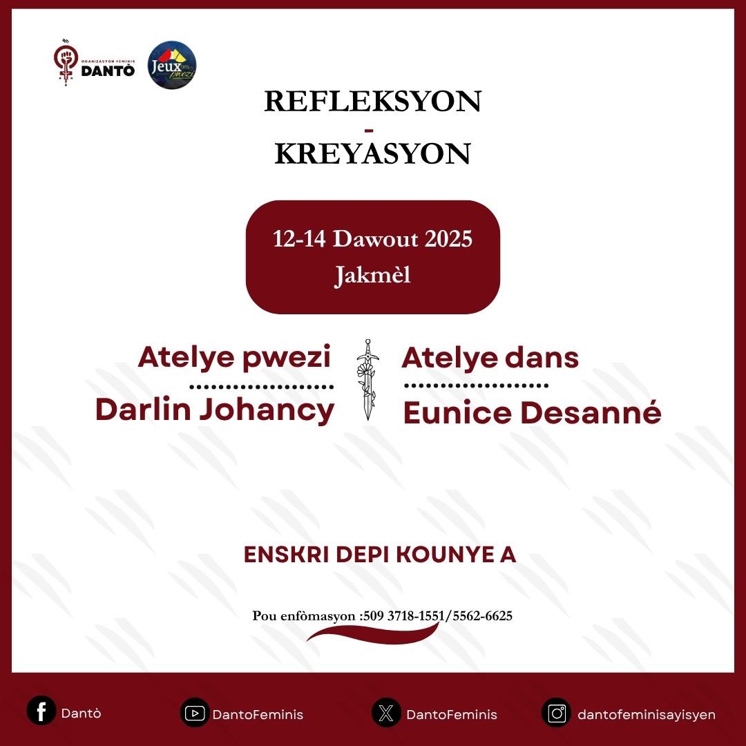 Nan seri aktivite nou ap reyalize nan tèt kole ak Jeux Dits Pwezi nan kad selebrasyon 14 Dawout la, nou envite w patisipe nan youn nan atelye nou yo. 

Si w enterese patisipe nan atelye pwezi a, klike sou lyen sa a : forms.gle/H21c5LxHkgnV5P…

#dantofeminis #feminisayisyen #14Out
