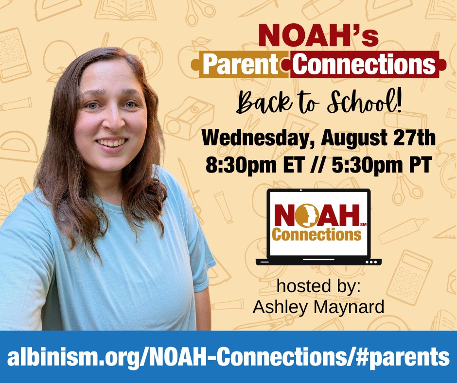 NOAHAlbinism's tweet image. Hey, NOAH Parents!
Whether you're counting down the days before the kids to head back to school, or wishing summer would never end, we've got just the thing for you! Join Ashley Maynard & fellow parents on 8/27 to discuss all things back to school.
albinism.org/NOAH-Connectio…