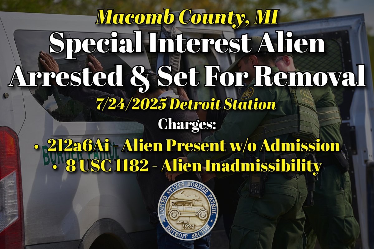 USBPChiefDTM's tweet image. On Thursday, Detroit Station agents, in partnership with local law enforcement, arrested a Special Interest Alien (SIA) from Venezuela in Macomb County. The illegal alien faces immigration charges and removal from the United States.

SIAs hail from countries judged as posing a…