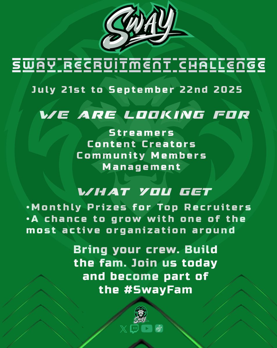 Week 2 Of The #SwayRecruitmentchallenge Begins Tomorrow and <a href="/SwayGG/">Sway Esports</a> is looking for Recruits of members and streamers Join In 

discord.gg/UhFtBTtN
