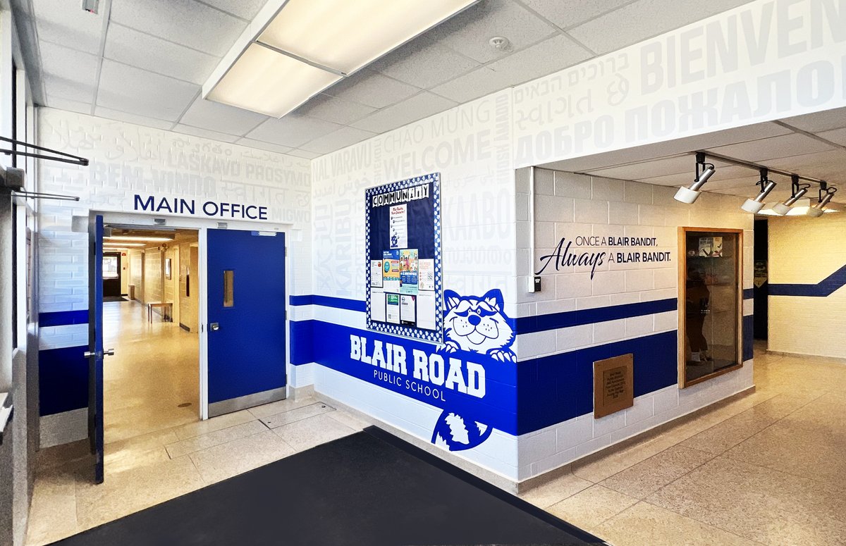 It was time for an update at Blair Road PS!  A welcoming entryway including the 25+ languages spoken by the students! #muralworks #entrancemural #bandits #rebrand <a href="/wrdsb/">Waterloo Region DSB</a> <a href="/blairroad/">Blair Road</a> <a href="/BlrCouncil/">Blair Road Public School Council</a>