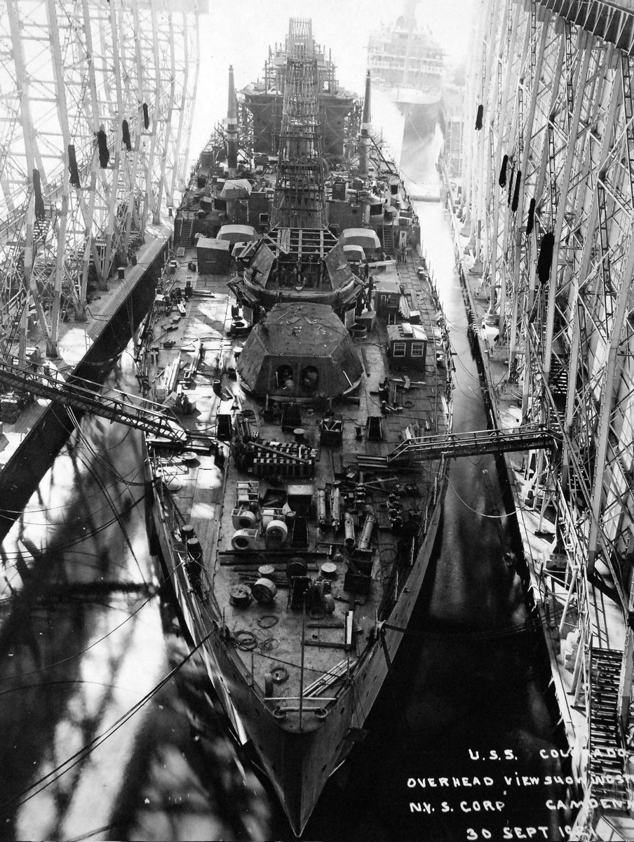 thegeneralboard's tweet image. The battleship USS Colorado undergoes construction at the New York Shipbuilding Corporation yard on 30 September 1921.
She had been launched earlier that year on 22 March 1921and was still about two years away from being ready for commissioning.