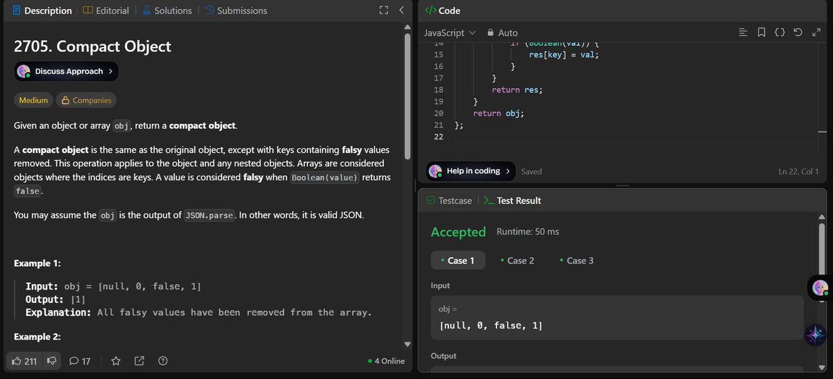 Ayusshs16's tweet image. 🚀 Day 27 of #30DaysOfJavaScript
Solved LeetCode 2705 - Compact Object 🧹
✔️ Recursion
✔️ JSON handling
✔️ Deep cleaning falsy values from nested objects & arrays
Clean code = clear mind! 💡
#100DaysOfCode #JavaScript @LeetCode