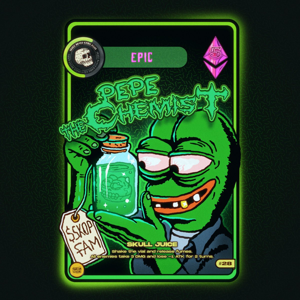 scream_vision's tweet image. 2 new EPIC cards added to SBGC collection on @wieldlabs VibeMarket.
@IKTFB_SOL โ is $IKTFB (mine and @ignatev_ink) related card
& Pepe The Chemist โ $SKOP related card (by @jaggedsoft & @TrystanNFT).
vibechain.com/market/skullboโฆ