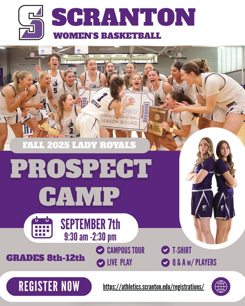 📢 Calling all high school players! Join us for our Prospect Camp this fall!
🗓️Sunday, September 7th 
📍The University of Scranton
A great opportunity to showcase your skills and learn more about the Lady Royals program! We hope to see you there!🏀💜
athletics.scranton.edu/registrations/…