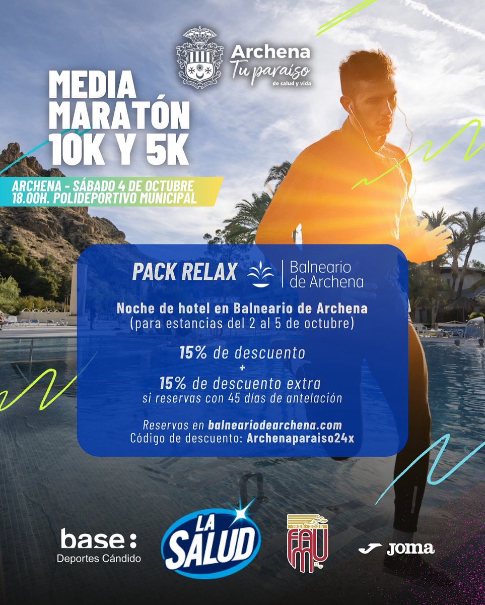 🏃‍♂️ ¡Vive la experiencia completa en la Media Maratón “Archena, Tu Paraíso”! 🏃‍♀️

📅 Sábado 4 de octubre · 🕕 18:00h · 📍 Polideportivo Municipal

¿Vienes de fuera o simplemente quieres relajarte después de correr? 🧖‍♀️

Gracias al <a href="/aguadearchena/">Balneario de Archena</a> podrás disfrutar de una noche de