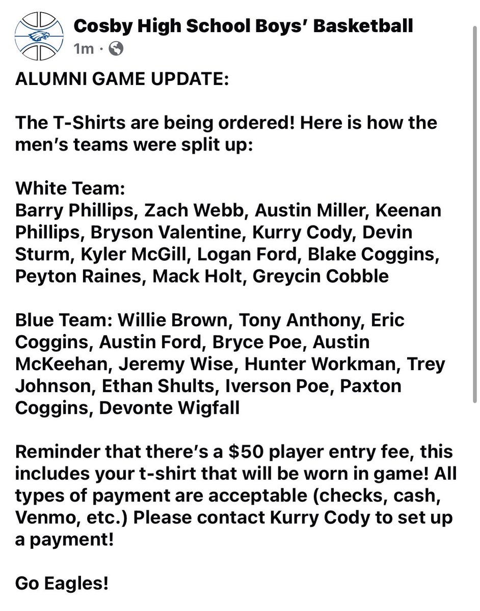 Mark your calendars for August 16th! Come support both Cosby Basketball programs for a competitive Alumni game of Cosby greats!