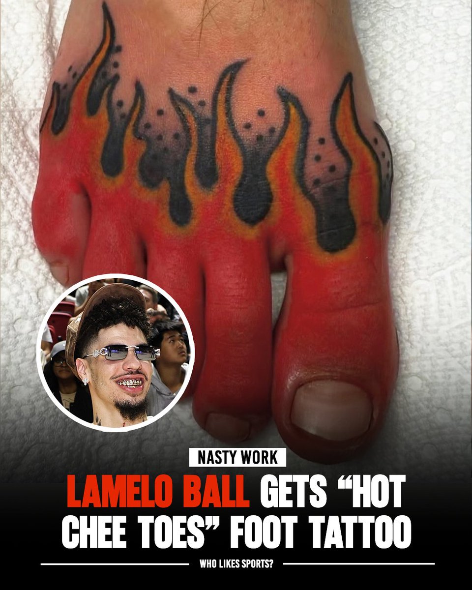 WhoLikesSports's tweet image. Any thoughts on LaMelo Ball's "Hot Chee Toes" tattoo? 😅