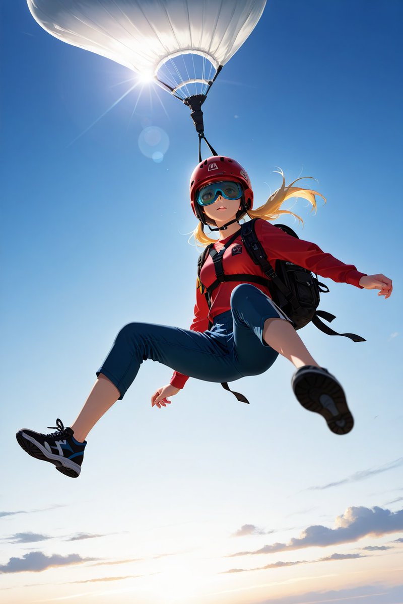RIDER78A's tweet image. Open parachute! 開傘!…ﾊﾟﾗｼｭｰﾄが微妙ﾃﾞｽ💦
#これを見た人は無言で青空の写真を貼る
#AIart
#AIイラスト