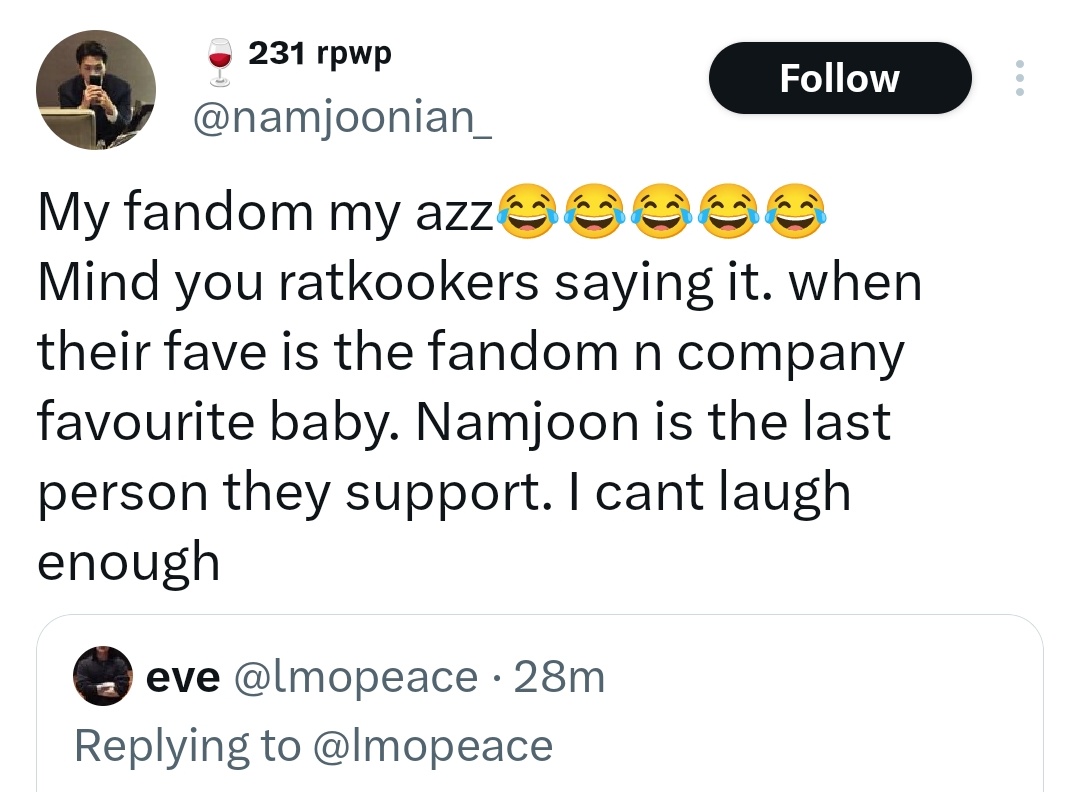 lmopeace's tweet image. so ungrateful seriously☠️ wat impact 100 rm solos got lmoo. even ot7s cant bear his music so they over compensate with fake praises and uplifting him at jk expense. even that ama is army charity. last i remember army chose rm to vote for km chart not jk. fd fav my azz.