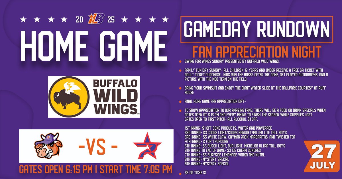 fremont_moo's tweet image. 🗓️ July 27th - Fan Appreciation Night - Sunday Funday
🎟️ All Children 12 and under receive a FREE GA Ticket with adult purchase
🌊 Bring your swimsuit and enjoy the Giant Water Slide at the ballpark courtesy of Ruff House
🎉 Every Inning Food/Drink Specials while Supplies Last…