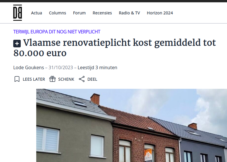 AsterBerghe's tweet image. De kostprijs van de  #renovatieplicht, die de Vlaamse overheid door ons strot duwde in naam van het Groene Geloof, werd in 2023 op gemiddeld 80.000 euro per woning geschat. De verstrenging van het ETS-systeem op EU-niveau gaat die kost nog eens doen exploderen.