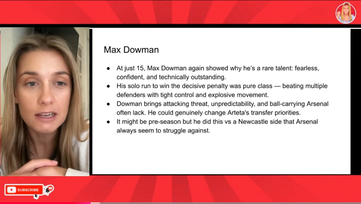 DGoonerSociety's tweet image. When a Gooner compliments AFC, it’s expected. When an MU influencer says Dowman is generational and Zubimendi may be the signing of the season, it feels more meaningful. Respect to @AliceTalksFooty for her honest and unbiased opinion. youtu.be/KPJNvFbw-ow?si…