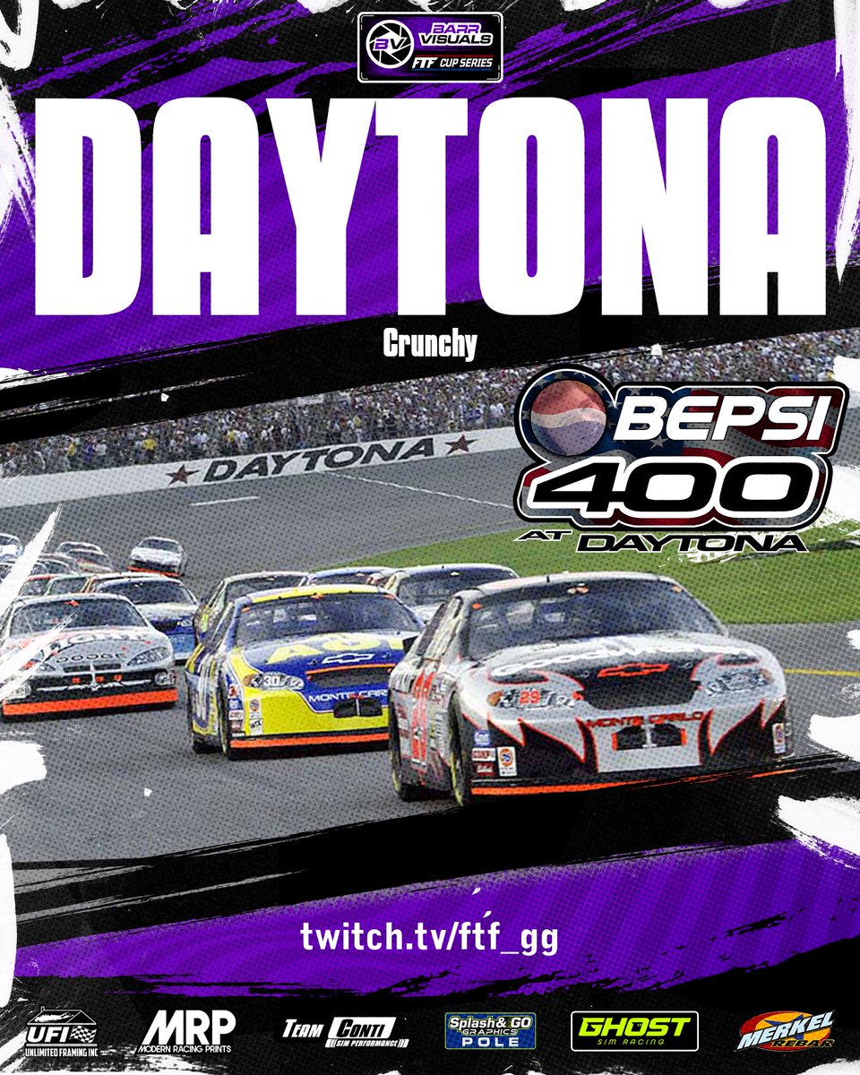 FTF_Racing's tweet image. TONIGHT!
The @BarrVisuals FTF Cup takes on the high (and bumpy) banks of Daytona with the Gen 4 - the Bepsi 400!
Tonight’s event presented by @TeamContigg and @SBRAmbrose4
The Top 20 from Q are locked in
Last Chance Q at 8 ET
Racing (hopefully) by 8:20
twitch.tv/ftf_gg