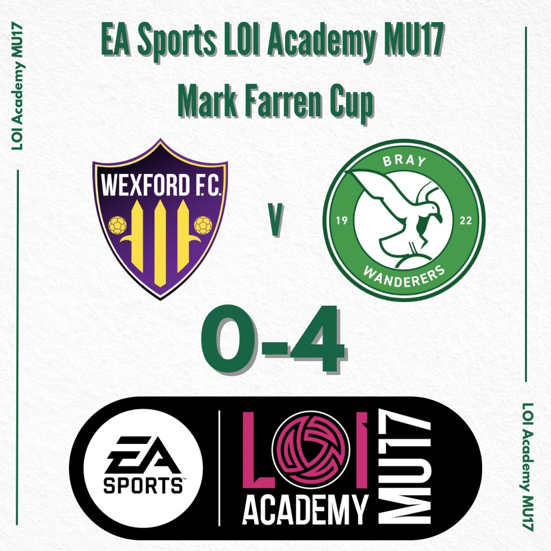 BrayWdrsAcademy's tweet photo. 𝐈𝐧𝐭𝐨 𝐭𝐡𝐞 𝐒𝐞𝐦𝐢 𝐅𝐢𝐧𝐚𝐥𝐬

U17 𝐌𝐚𝐫𝐤 𝐅𝐚𝐫𝐫𝐞𝐧 𝐂𝐮𝐩

Full Time at Ferrycarrig Park 

Wexford FC 0 Bray Wanderers 4 https://t.co/Elf3hWNjtT
