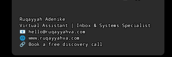 ruqayyahib's tweet image. Do you know about an Email Signature and how to create one? If No, let me walk you through it👇
A Thread 🧵 

An Email Signature is a polished block at the bottom of your email with your name, title, contact info, and links. It helps build trust and shows you&apos;re legit.
