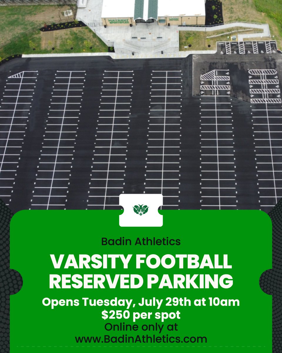 RAMSSPORTS's tweet image. The countdown is on! Be sure to head to BadinAthletics.com this Tuesday, July 29th at 10am to secure your reserved parking spot for home varsity football games!

We expect spots to sell out...

View FAQ- badin.headlinesadx.com/2025/07/25/faq…

#HarkYe 🐏