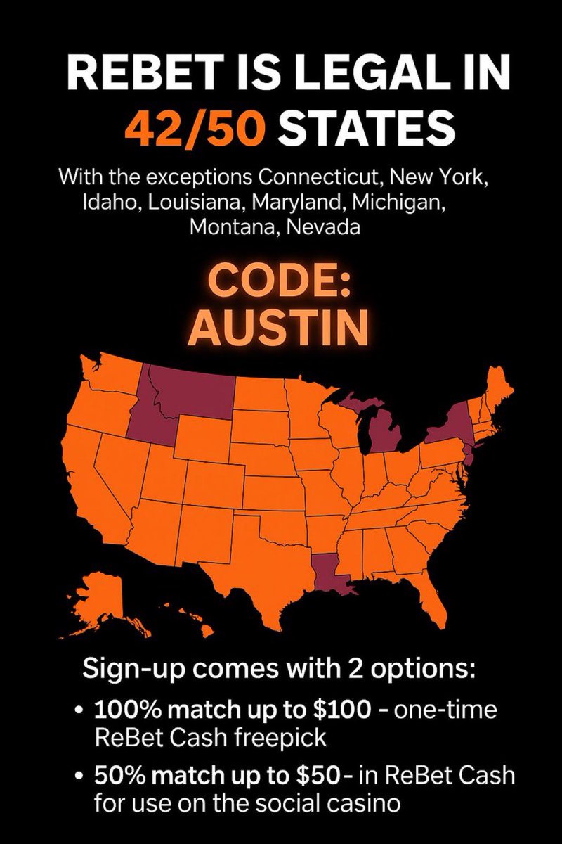 austinsprops's tweet image. YOU NEED TO BE ON REBET 🚀
Available in 42 States✅
Bet Games & Props✅
Social Casino✅
Great options for my following who don’t have access to a traditional book!
Code “AUSTIN” for a 100% depo match⬇️ rebet.page.link/w2Wyv4GsAwdpKB…