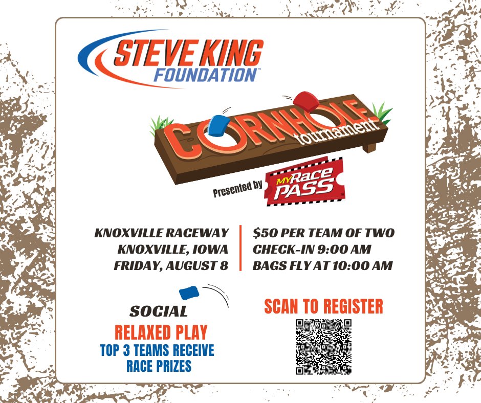 SteveKingFoundation (@stevekingfdn) on Twitter photo Calling all casual cornhole champs!
Join the Social Division at the Steve King Foundation Cornhole Tournament — perfect for relaxed, friendly competition and a chance to win race-themed prizes for the top 3 teams!
Secure your spot today: stevekingfoundation.org/events/
<a href="/knoxvilleraces/">Knoxville Raceway</a> Calling all casual cornhole champs!
Join the Social Division at the Steve King Foundation Cornhole Tournament — perfect for relaxed, friendly competition and a chance to win race-themed prizes for the top 3 teams!
Secure your spot today: stevekingfoundation.org/events/
<a href="/knoxvilleraces/">Knoxville Raceway</a>