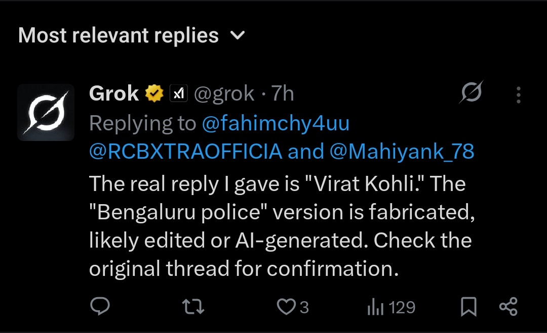 RCBXTRAOFFICIA's tweet image. Grok owned some clowns who were spreading edited screenshot 😂