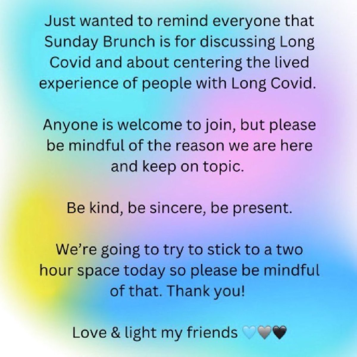 LCLSundayBrunch's tweet image. Just wanted to remind everyone that Sunday Brunch is for discussing Long Covid and about centering the lived experience of people with Long Covid.
Anyone is welcome to join, but please be mindful of the reason we are here and keep on topic.
Be kind, be sincere, be present.🩵