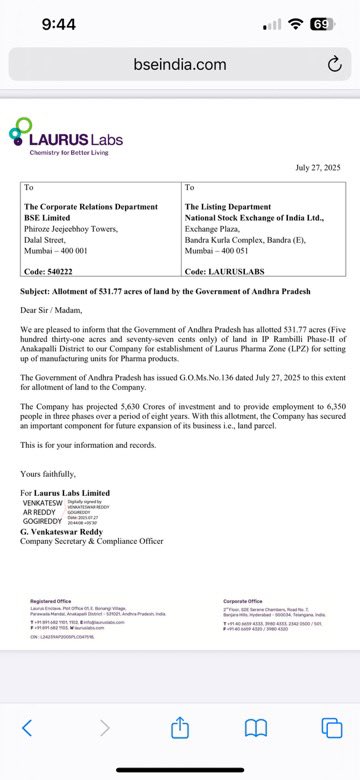 AimInvestments's tweet image. Laurus Labs: Big Feet, 🦶 Allotted 531.77 acres of land by Government of AP
Laurus will invest 5,630 Crores to provide employment to 6,350 people in 3 phases over a period of 8 years