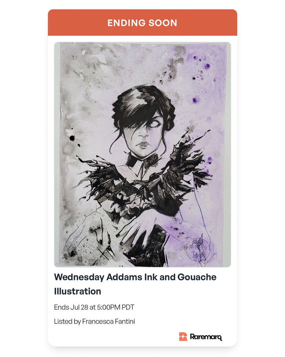 nerdcrawler (@nerdcrawlercom) on Twitter photo Ending tomorrow!
This stunning original by the one and only <a href="/VioletArt22/">Francesca Fantini</a> features Wednesday Addams in a bold ink and gouache illustration—brought to life with expressive black linework and haunting purple washes!
raremarq.com/auctions/wedne…
#wednesdayaddams #gothicart #orginalart Ending tomorrow!
This stunning original by the one and only <a href="/VioletArt22/">Francesca Fantini</a> features Wednesday Addams in a bold ink and gouache illustration—brought to life with expressive black linework and haunting purple washes!
raremarq.com/auctions/wedne…
#wednesdayaddams #gothicart #orginalart