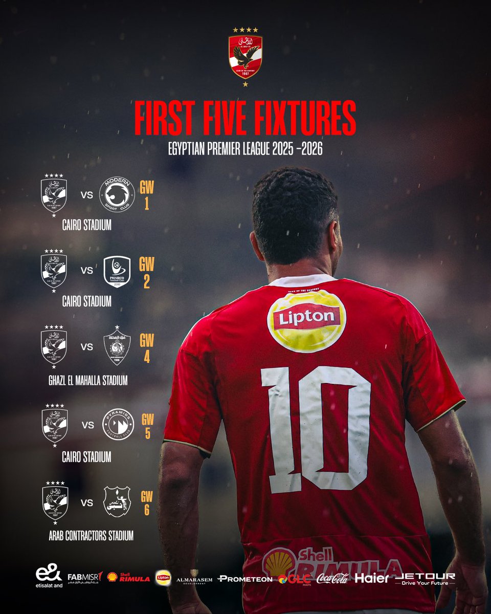 AlAhlyEnglish's tweet image. Our first five fixtures of the 2025/2026 Egyptian Premier League season ๐ด