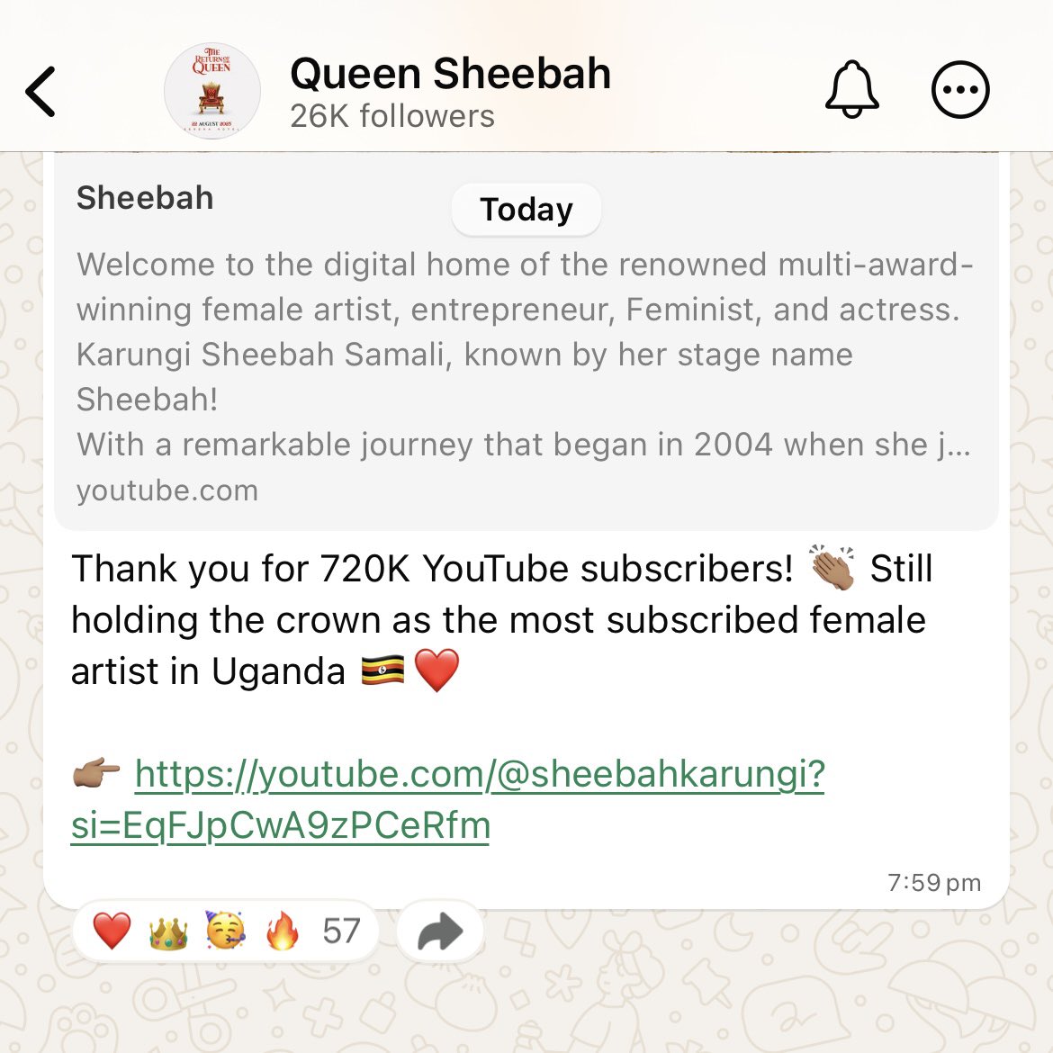 sheebahstats's tweet image. π| Queen Sheebah with an electric message to Sheebaholics and the entire Uganda via her Official WhatsApp channel
Join channel π: Follow the Queen Sheebah channel on WhatsApp: whatsapp.com/channel/0029Vbβ¦
#TheReturnoftheQueen #Sheebah #22ndAugustSerenaHotel #TROTQ