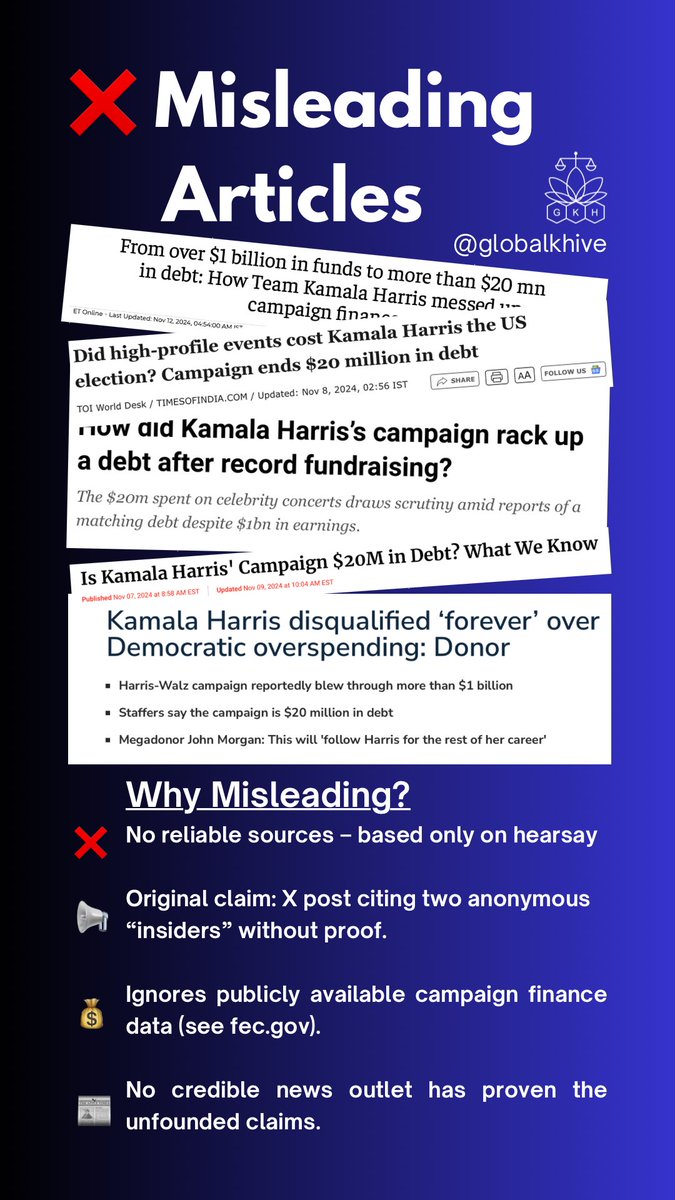 globalkhive's tweet image. Don’t fall for claims that lack credible sources and are based purely on hearsay. Always fact-check before believing or sharing misinformation about Kamala Harris ‼️
Please share and help fight this MISINFORMATION!
#KamalaHarris #KHive