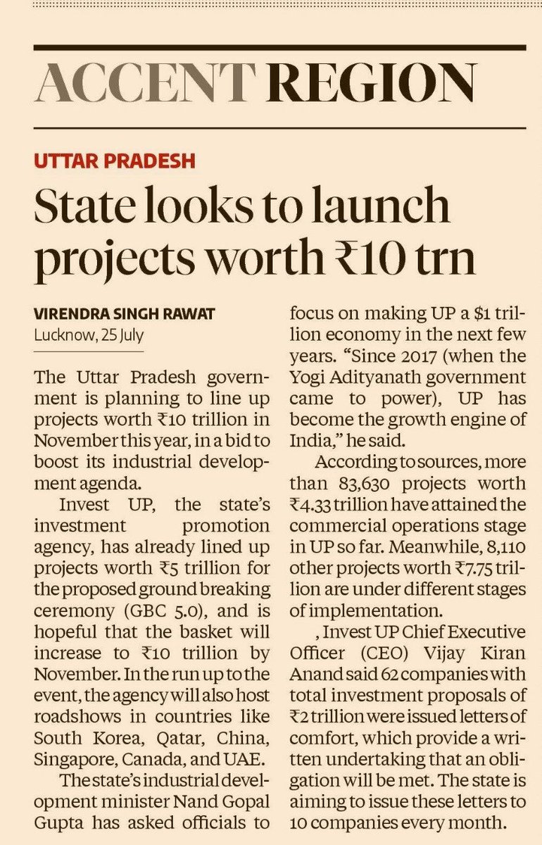 AwasthiAwanishK's tweet image. #UttarPradesh is gearing up to launch industrial projects worth ₹10 trillion this November under its GBC 5.0 initiative. With ₹5 trillion already lined up, roadshows are planned across South Korea, UAE, Canada & more. Over 83,000 projects worth ₹4.33T have begun operations,…