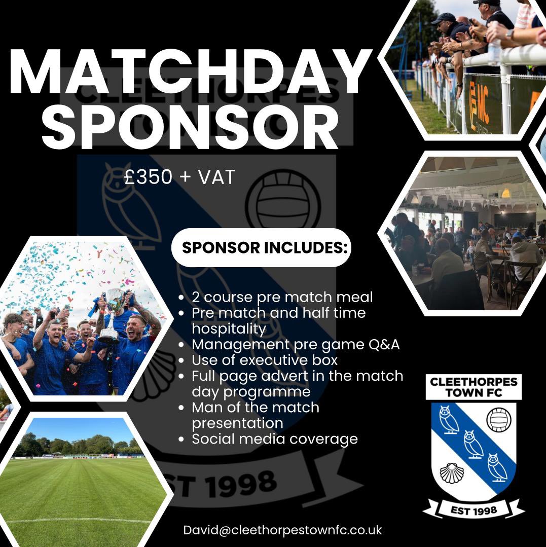 Our first ever game in the <a href="/NorthernPremLge/">The Pitching In Northern Premier League</a> at home v <a href="/hydeunited/">Hyde United FC 🐯</a> on Tuesday 12th August is available to sponsor 

Email david@cleethorpestownfc.co.uk 

A fantastic day out at the HPS Stadium
