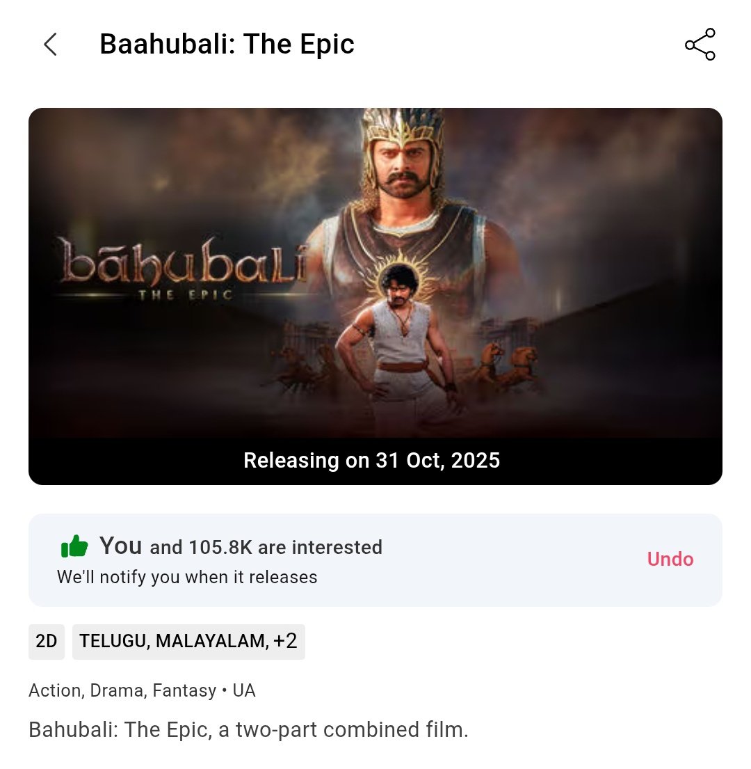 PrabhasNetwork_'s tweet image. #BaahubaliTheEpic - Crossed Massive 100K Interests in BookMyShow 💥
First Film to Achieve this for a Re Release & Fastest to Achieve 🔥❤️🔥
A Two Part Combined Film getting Ready to Steal Many Hearts Again 💓❤️
#Prabhas #Baahubali