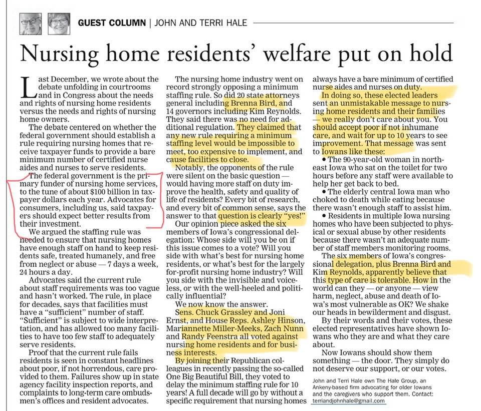 RayBake's tweet image. ALL of Iowa's elected delegation, @SenJoniErnst, @ChuckGrassley, @RepAshleyHinson, @RepMMM, @RepFeenstra, and @ZachNunn voted to delay rules requiring increased staffing in nursing homes for TEN YEARS.
Meanwhile, elderly Iowans are physically, sexually, and verbally assaulted.