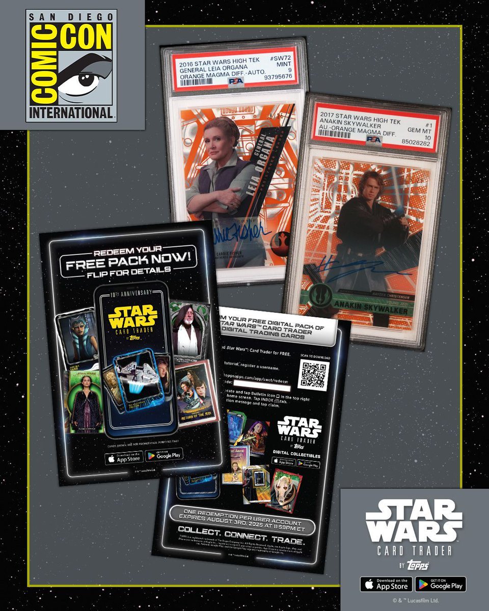 ToppsSWCT's tweet image. The final day of @Comic_Con begins now! If you’re at the show, head to Booth 2913-Q in the @Lucasfilm Pavilion to snag a code redemption card & enter our giveaway for a chance to win a graded Star Wars card! #SDCC #SDCC2025