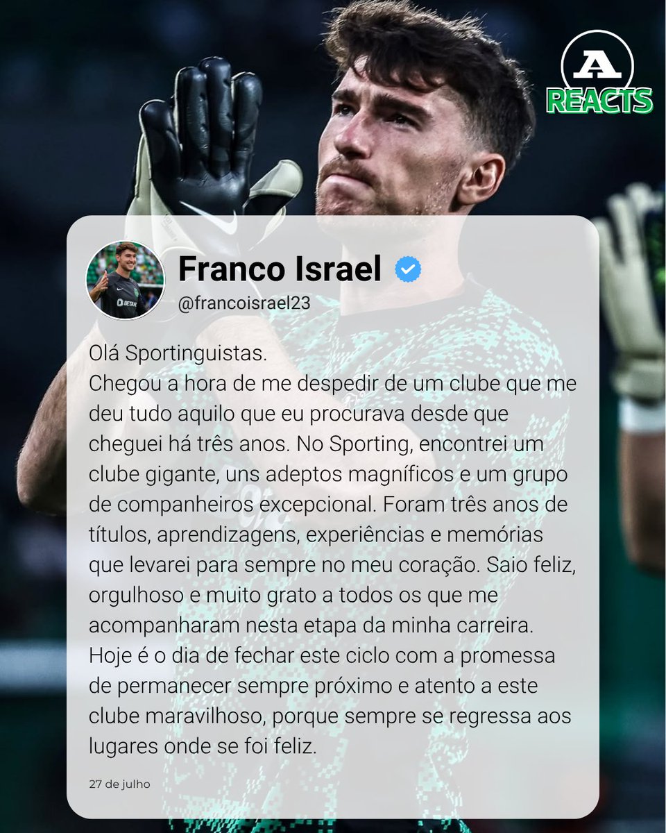 abolapt's tweet image. Após três épocas de leão ao peito, o guarda-redes uruguaio despede-se de Alvalade com uma mensagem para os Sportinguistas. 🦁

#FrancoIsrael #Sporting
