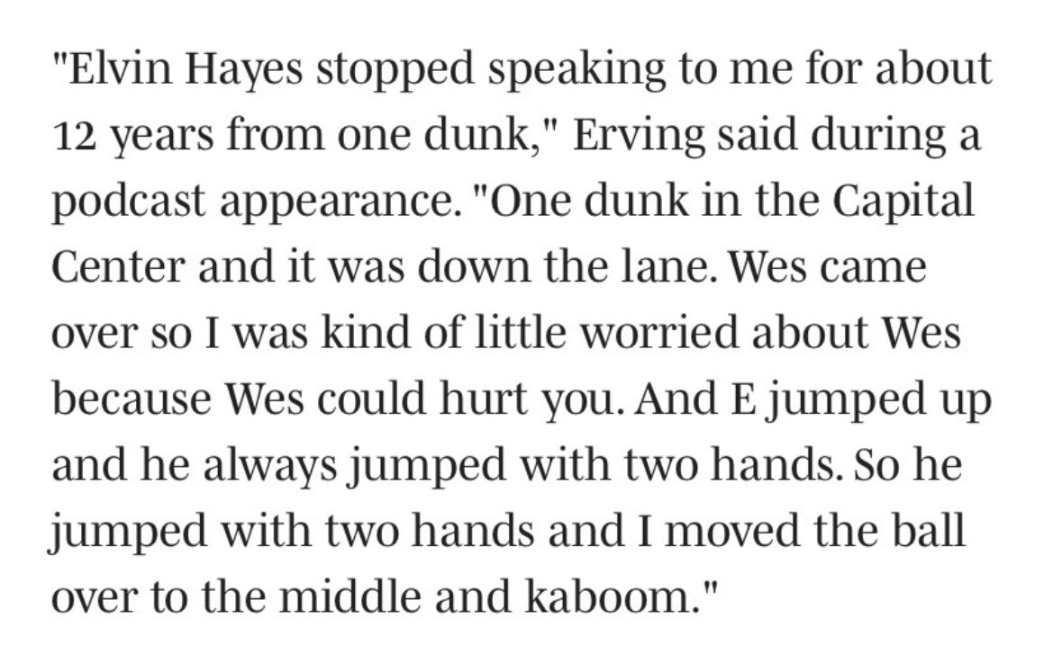 Andy Roth (@arhooptalk) on Twitter photo The Doctor <a href="/JuliusErving/">Julius Dr J Erving</a> has said that his greatest dunk came against HOF Elvin Hayes and it led to Hayes not talking to Doc for over a decade. Unfortunately, there is no video of the dunk. I guess people of low intellect would then say it never happened. The Doctor <a href="/JuliusErving/">Julius Dr J Erving</a> has said that his greatest dunk came against HOF Elvin Hayes and it led to Hayes not talking to Doc for over a decade. Unfortunately, there is no video of the dunk. I guess people of low intellect would then say it never happened.