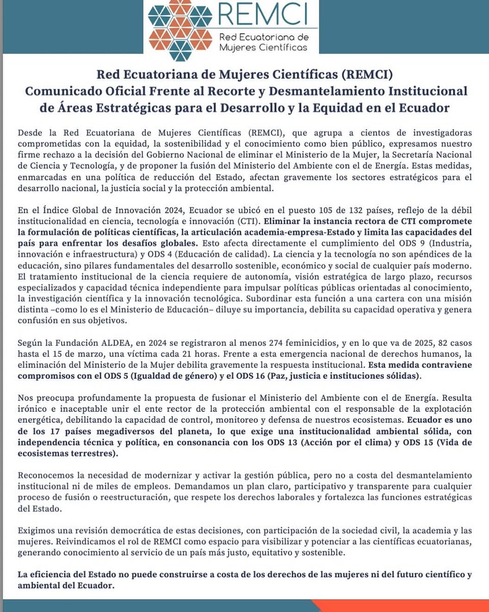 PRENSAVirtual_'s tweet image. #Ecuador|| “Estas medidas, enmarcadas en una política de reducción del Estado, afectan gravemente los sectores estratégicos para el desarrollo nacional, la justicia social y la protección ambiental”. La Red Ecuatoriana de Mujeres Científicas (REMCI) rechaza la decisión del…