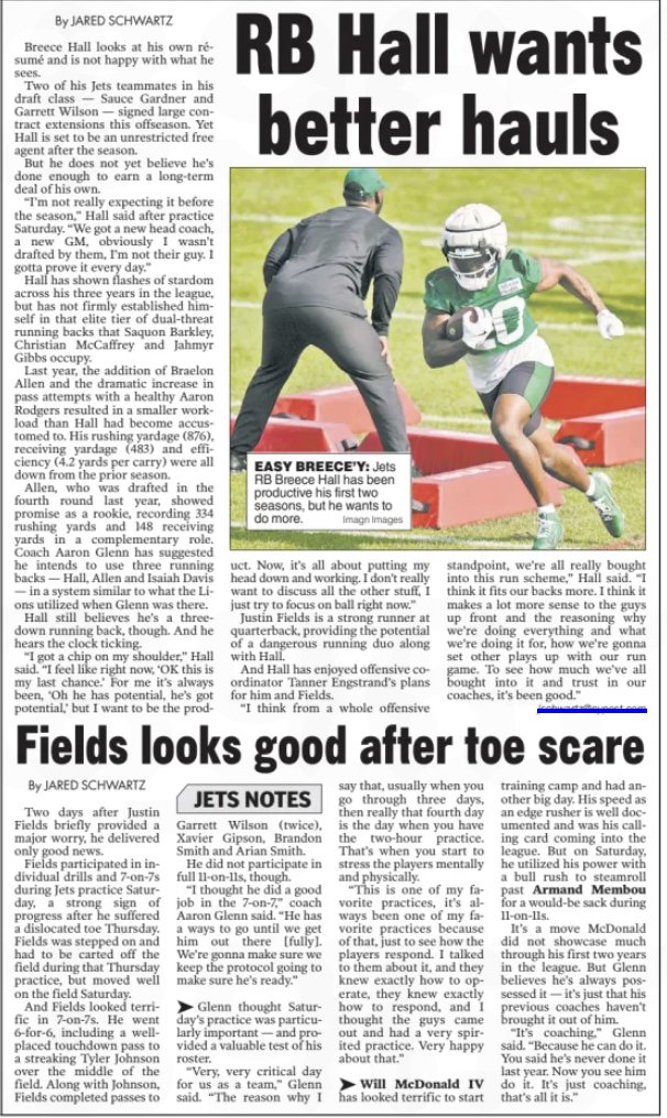 jschwartz115's tweet image. Some #Jets coverage in today's @nypostsports:👇
Youth movement in full swing at both tackle spots: nypost.com/2025/07/26/spo…
Breece Hall ready for ‘last chance’ to realize full potential: nypost.com/2025/07/26/spo…
Justin Fields stellar in 7-on-7s: nypost.com/2025/07/26/spo…