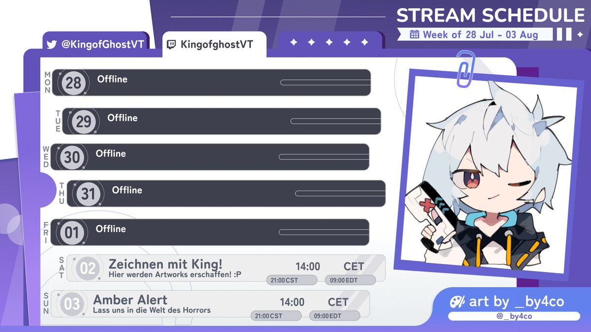 Nach einer Weile poste ich hier auch mal meinen Streamingplan! 

Vielleicht mache ich auch unter der Woche mal spontane Art Streams an, aber hier sind die offiziellen Streamzeiten! 🩵

🎨 Sa - ART
👻 So - Amber Alert