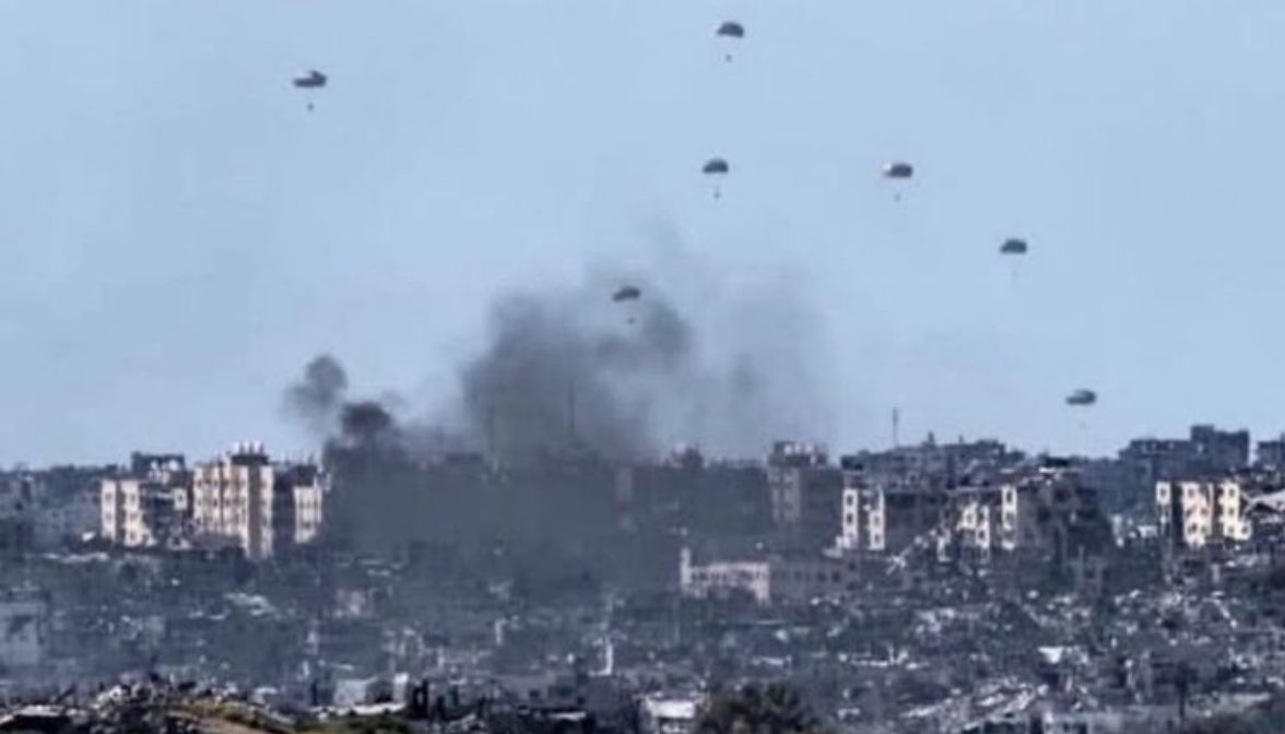 Only in Gaza you will see airdrops and airstrikes in one picture.

No one should look to the sky and wonder if what's falling is death or dinner.