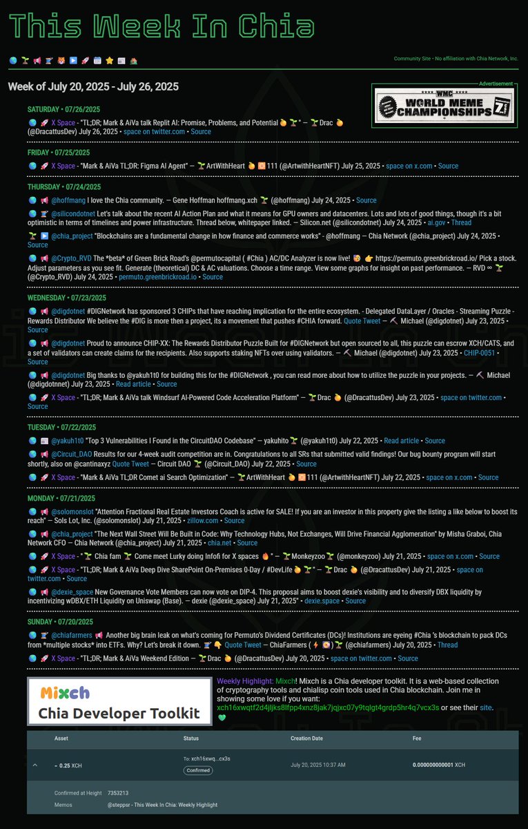 steppsr's tweet image. 📺 WAIT—DON’T CLICK AWAY! Have you or a loved one missed a week of $XCH news? This Week In Chia has ALL the latest blockchain breakthroughs, and if you act now... we’ll throw in context. FOR FREE. 🌾📦 thisweekinchia.com #Chia #XCH
Last week's Weekly Donation was to…