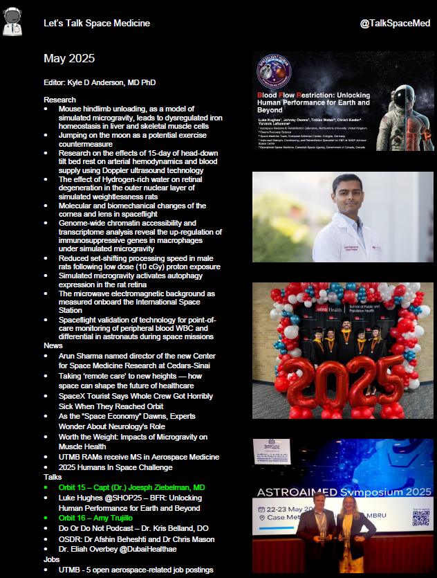 Let's Talk Space Medicine (@talkspacemed) on Twitter photo May newsletter!
PDF w/ hyperlinks -> talkspacemed.com
<a href="/BCMSpaceHealth/">Translational Research Institute for Space Health</a> <a href="/futurism/">Futurism</a> <a href="/SpaceNews_Inc/">SpaceNews</a> <a href="/framonauts/">fram2</a> <a href="/UTMB_Aerospace/">UTMB Aerospace Medicine</a> <a href="/utmb_spph/">UTMB School of Public & Population Health</a> <a href="/NASAGeneLab/">NASA GeneLab</a> <a href="/Aero_Med/">AsMA</a> <a href="/humansinspace_/">Humans In Space</a>
<a href="/MBRSpaceCentre/">MBR Space Centre</a> May newsletter!
PDF w/ hyperlinks -> talkspacemed.com
<a href="/BCMSpaceHealth/">Translational Research Institute for Space Health</a> <a href="/futurism/">Futurism</a> <a href="/SpaceNews_Inc/">SpaceNews</a> <a href="/framonauts/">fram2</a> <a href="/UTMB_Aerospace/">UTMB Aerospace Medicine</a> <a href="/utmb_spph/">UTMB School of Public & Population Health</a> <a href="/NASAGeneLab/">NASA GeneLab</a> <a href="/Aero_Med/">AsMA</a> <a href="/humansinspace_/">Humans In Space</a>
<a href="/MBRSpaceCentre/">MBR Space Centre</a>
