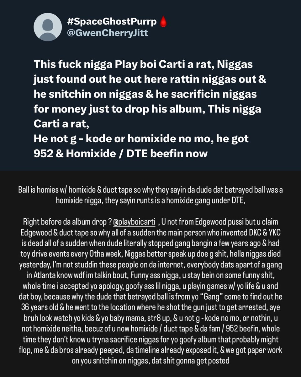 AstroMagazine_'s tweet image. SpaceGhostPurrp accuse Playboi Carti d'être un rat et de "sacrifier des gens pour son album"...
"Il sacrifie des mecs alors que son album va flop"
L'artiste s'en prend à Carti qui apparement créerait des tensions entre différents membres de gangs à Atlanta à travers différentes…