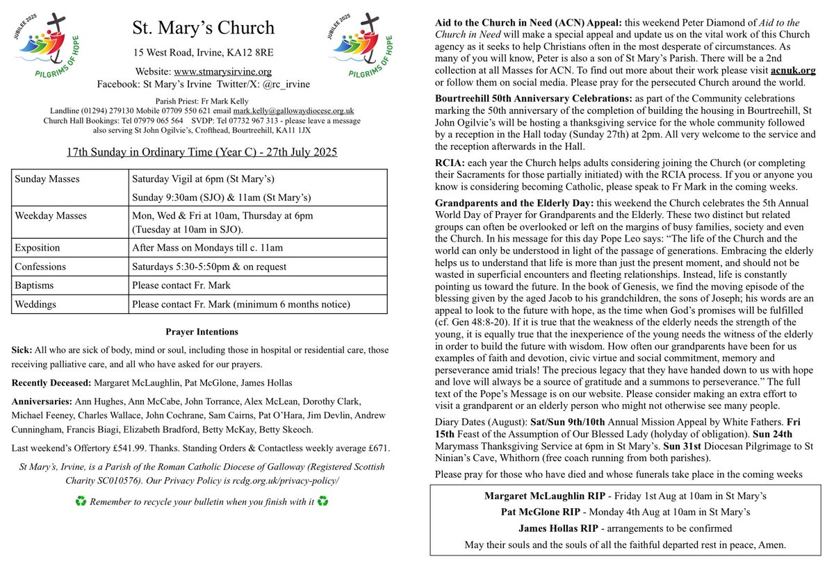 Our bulletins for the 17th Sunday of Ordinary Time &amp; world day of Prayer for Grandparents and the Elderly.